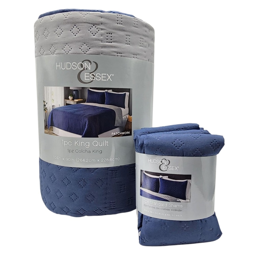 Hudson Essex 3pc Navy Gray Reversible One King Size Quilt And 2 Standard Shamsโ